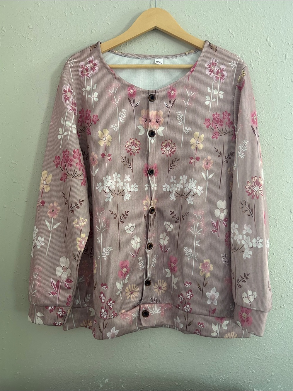 NWOT Floral Button-Front Pink Taupe Cardigan Lightweight Casual Pastel